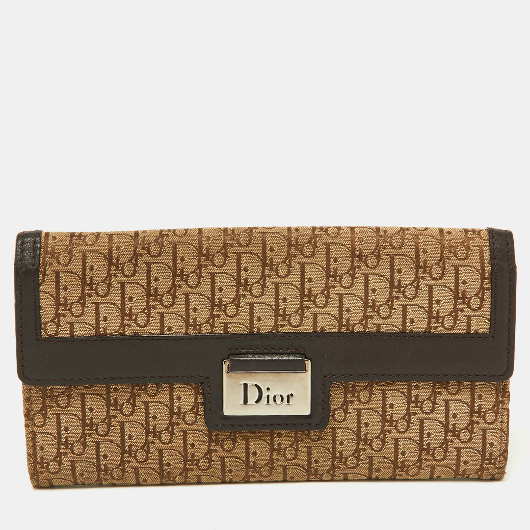 Top quality Dior Beige/Brown Oblique Canvas and Leather Flap Continental Wallet
