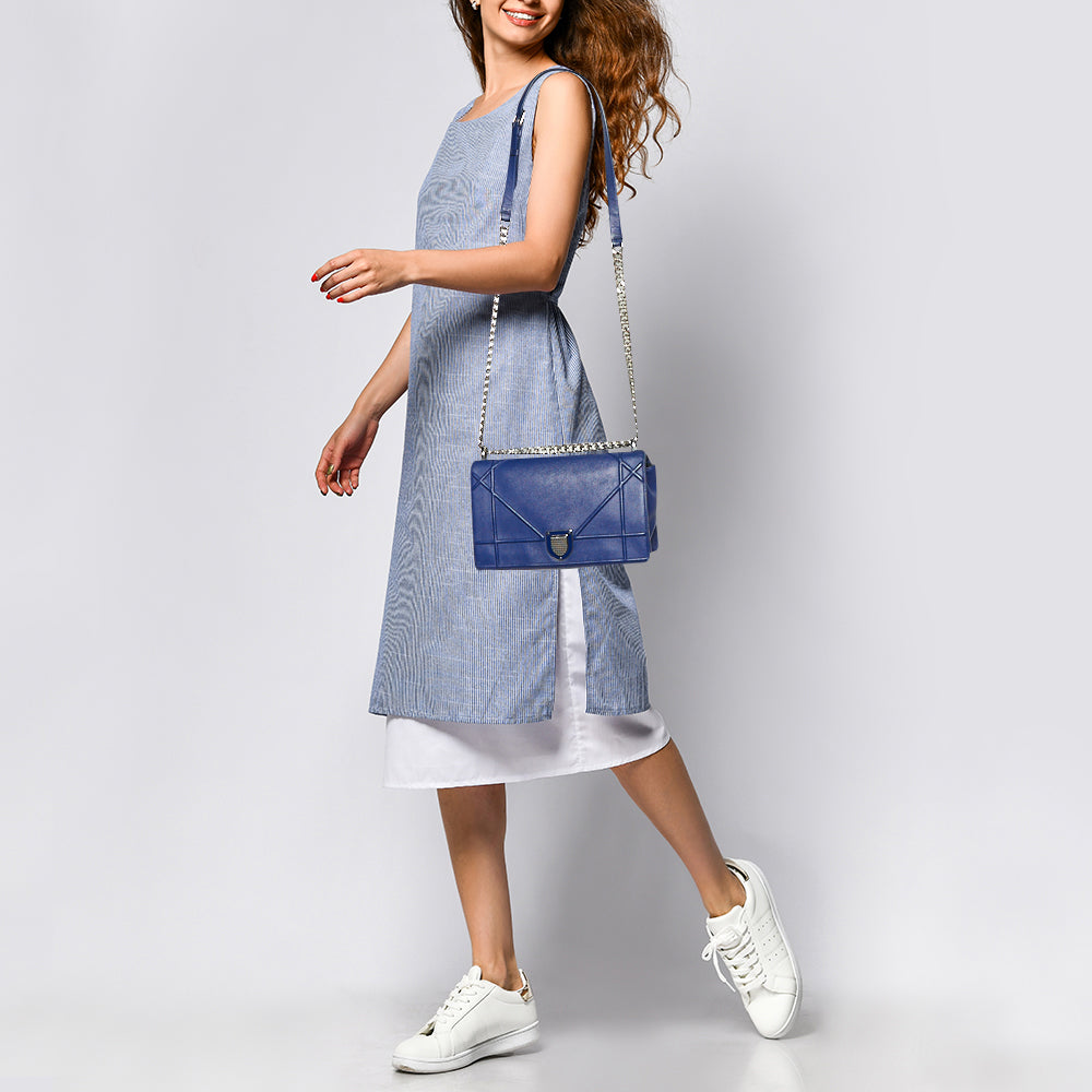 Top quality Dior Blue Leather Medium ama Flap Shoulder Bag