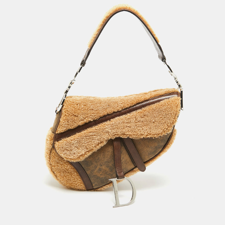 Top quality Dior Beige/Brown Shearling and Leather Saddle Bag
