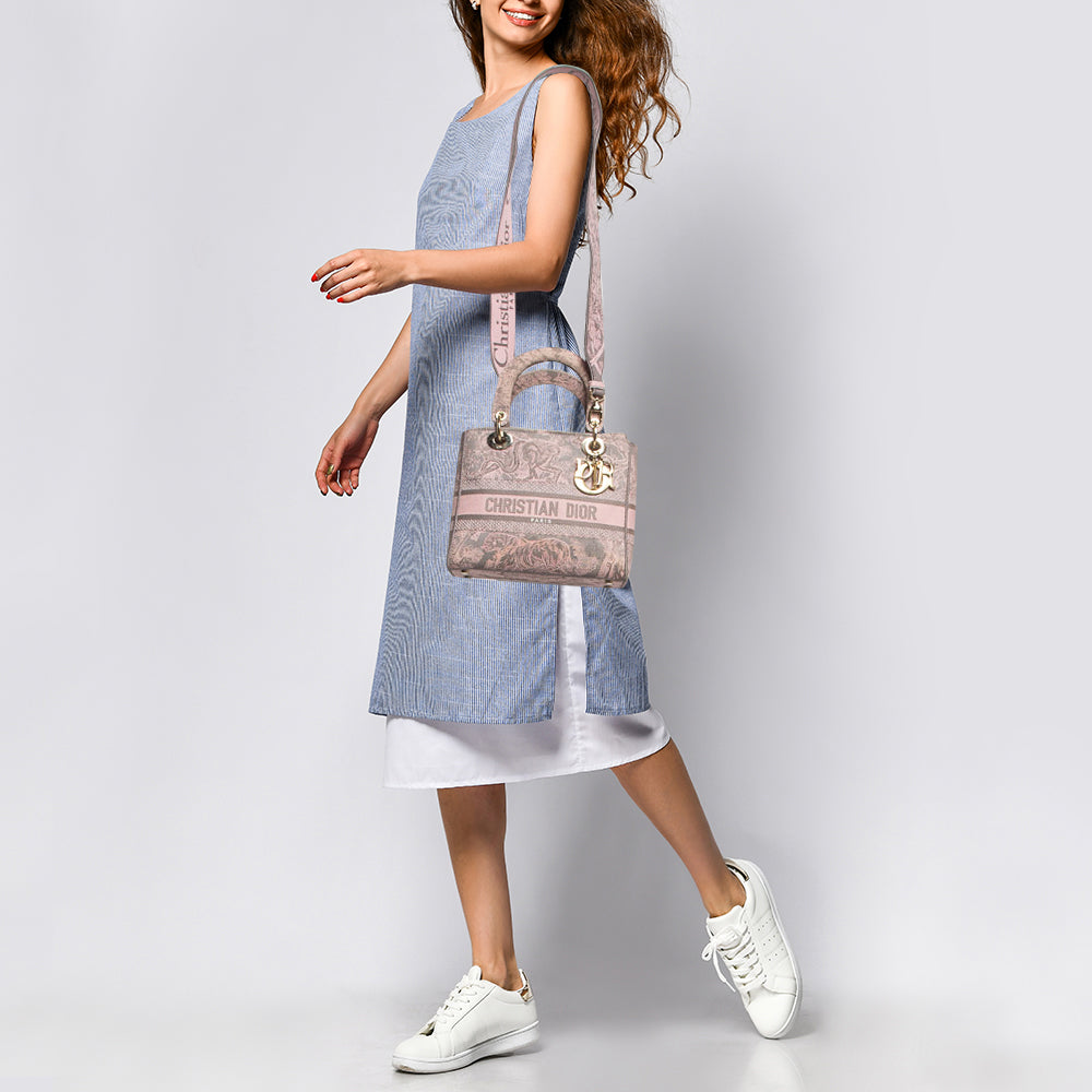 Top quality Dior Pink/Grey Embroidered Canvas Medium Lady D-Lite Tote