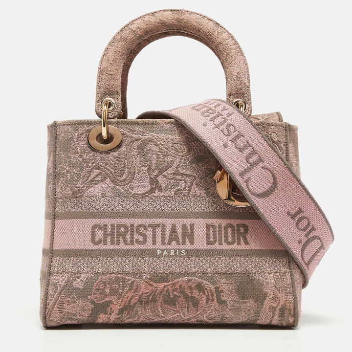 Top quality Dior Pink/Grey Embroidered Canvas Medium Lady D-Lite Tote