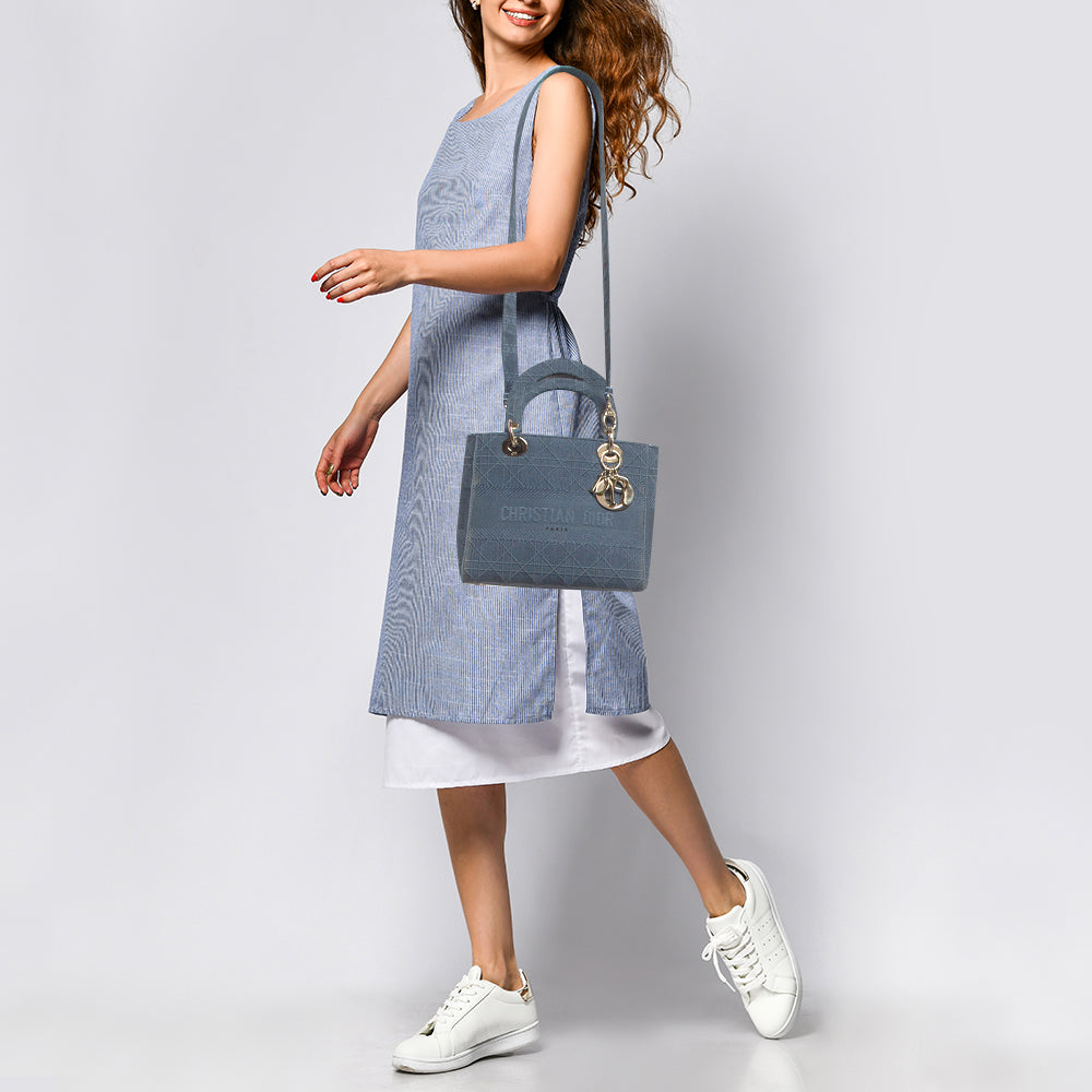 Top quality Dior Blue Cannage Embroidered Canvas Medium Lady D-Lite Tote