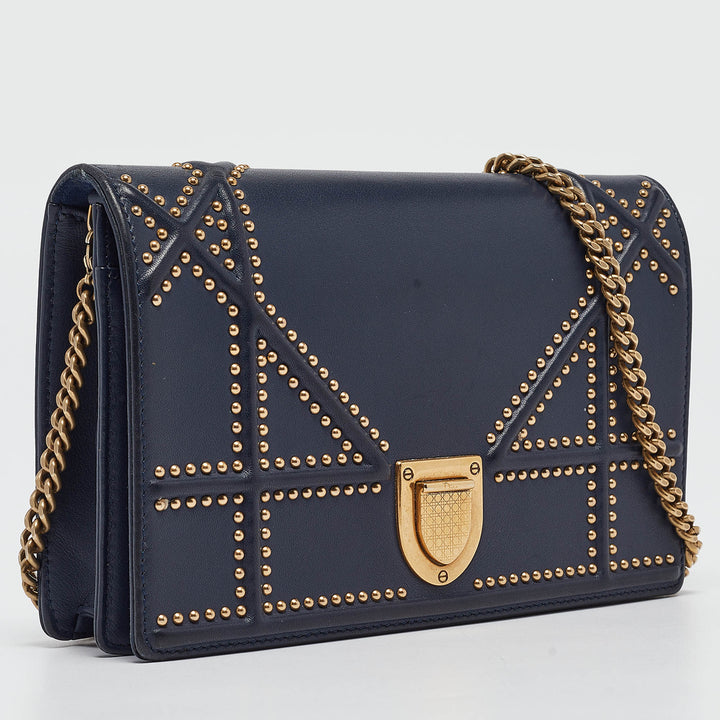 Top quality Dior Navy Blue Leather Studded ama Wallet on Chain