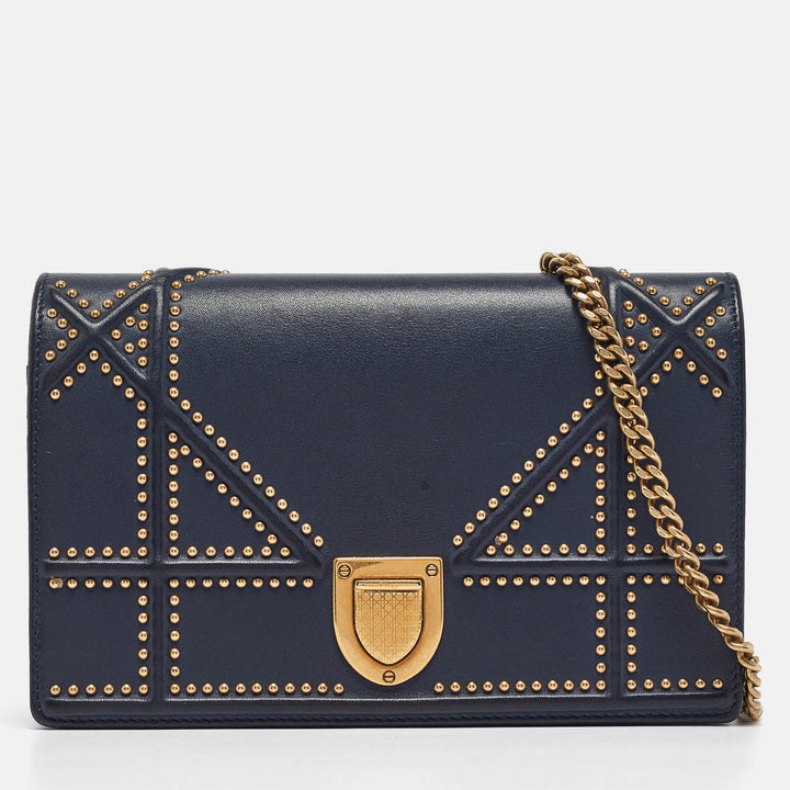 Top quality Dior Navy Blue Leather Studded ama Wallet on Chain