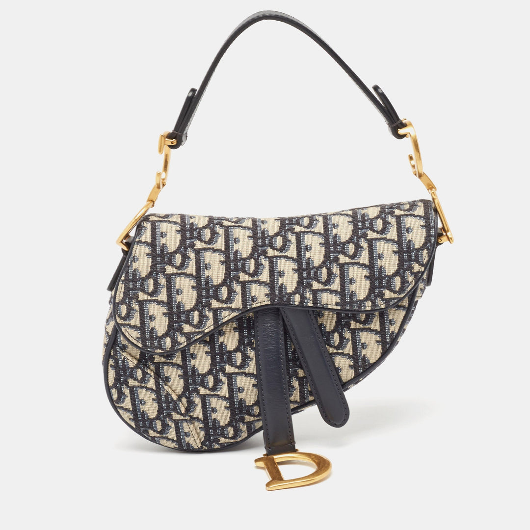 Top quality Dior Navy Blue Oblique Canvas and Leather Mini Saddle Bag