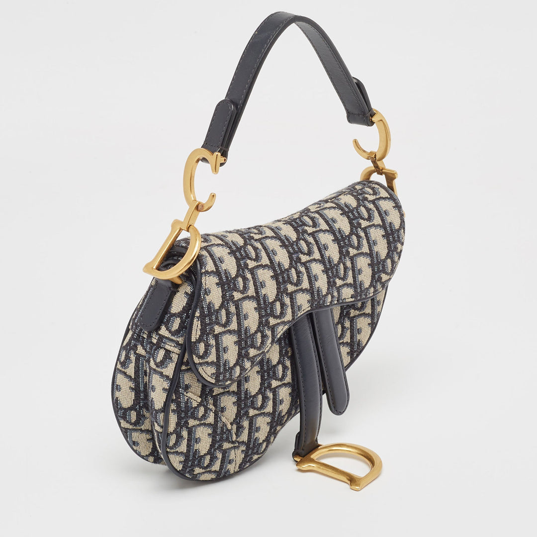 Top quality Dior Navy Blue Oblique Canvas and Leather Mini Saddle Bag