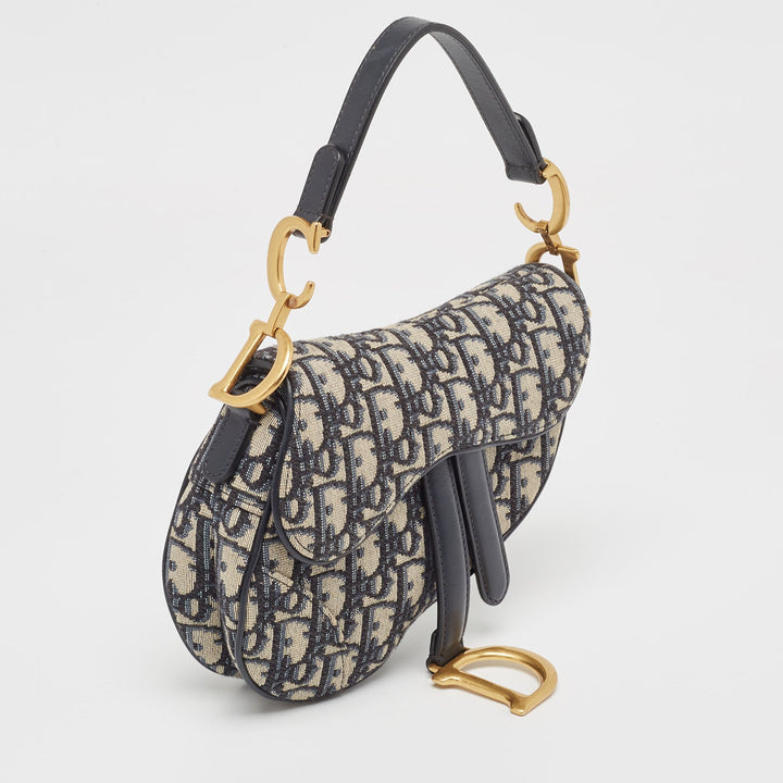 Top quality Dior Navy Blue Oblique Canvas and Leather Mini Saddle Bag