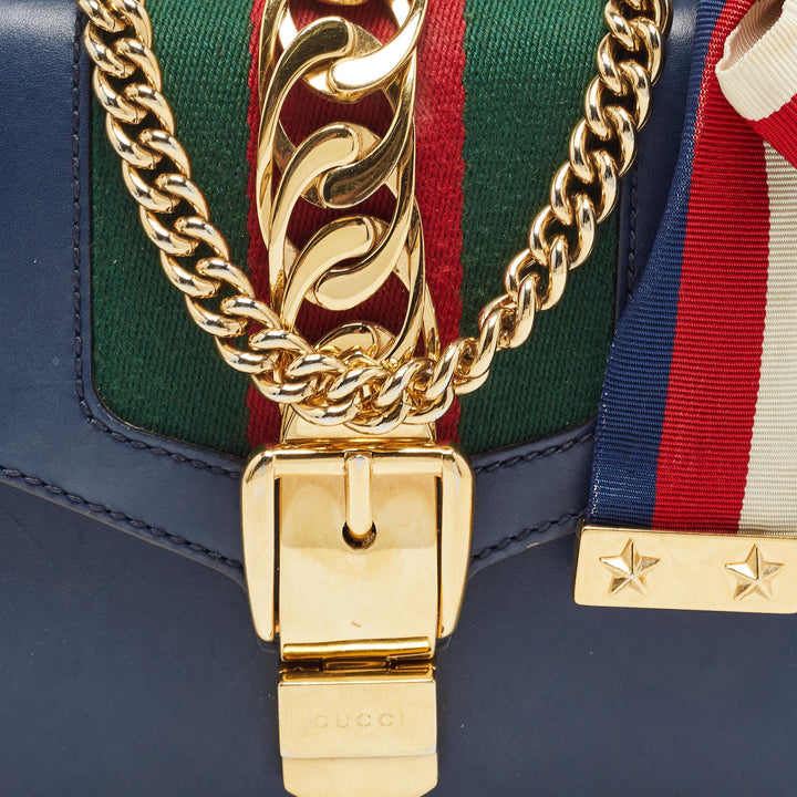 GUCCI Blue Leather Mini Web Chain Sylvie Crossbody Bag