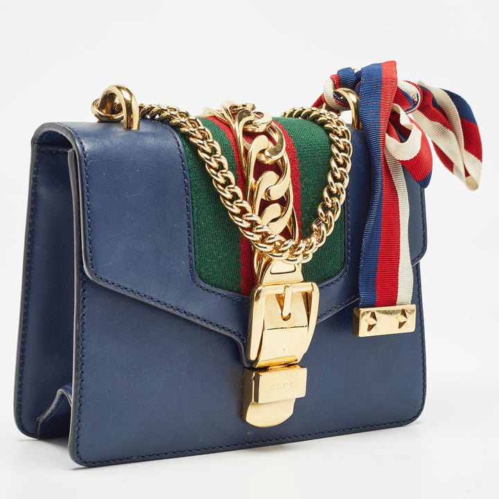 GUCCI Blue Leather Mini Web Chain Sylvie Crossbody Bag