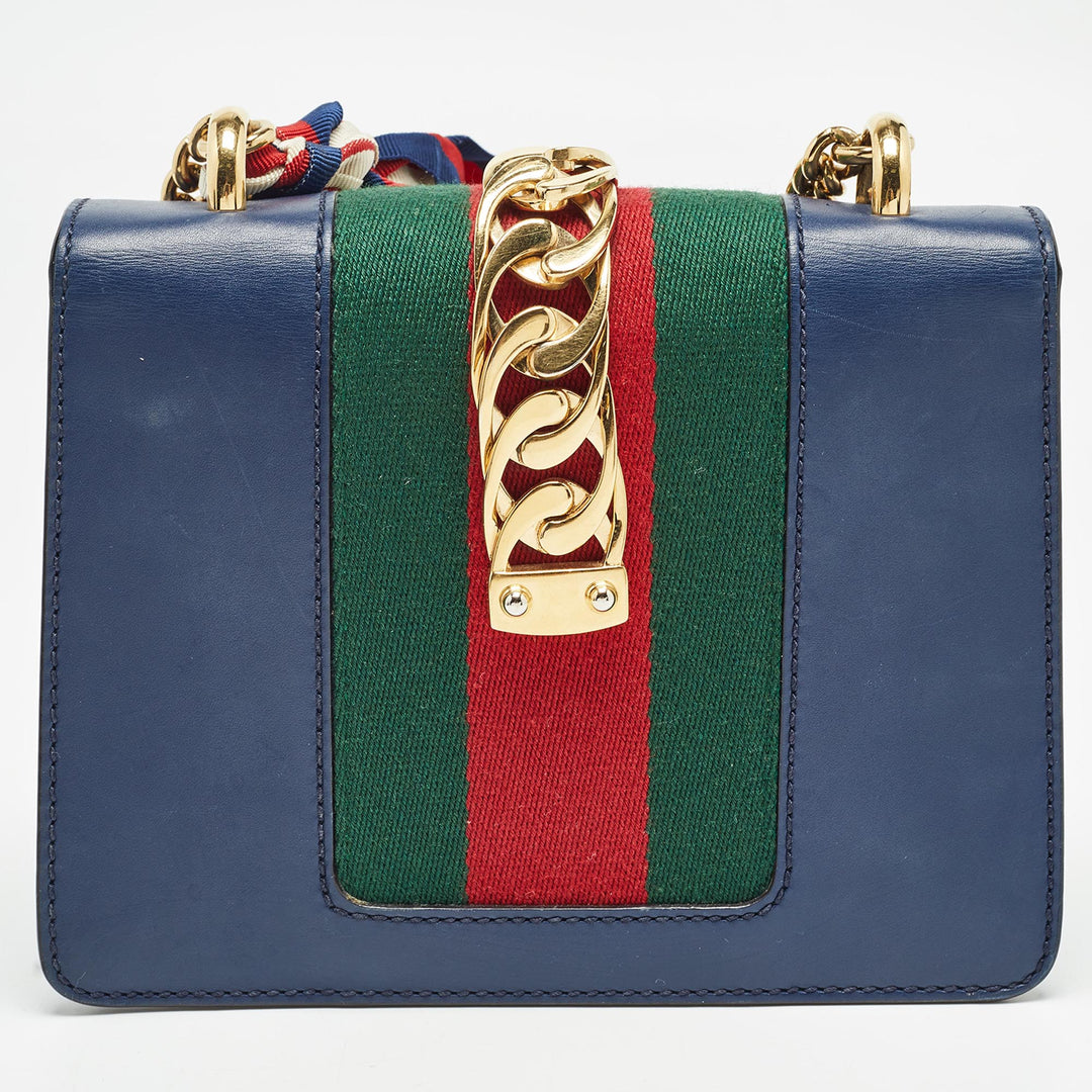 GUCCI Blue Leather Mini Web Chain Sylvie Crossbody Bag