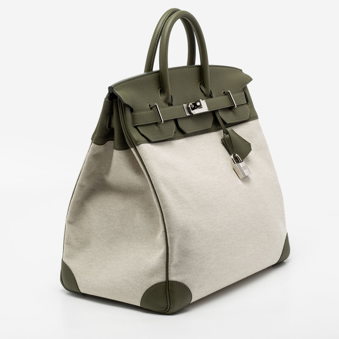 Top quality Hermes Vert Veronese/Beige Canvas and Leather Palladium Finish HAC Birkin 40 Bag