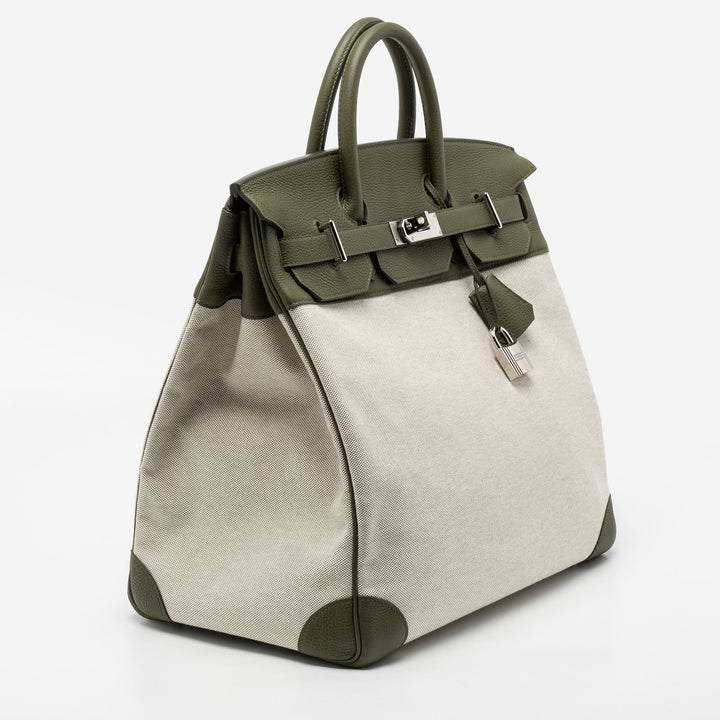 Top quality Hermes Vert Veronese/Beige Canvas and Leather Palladium Finish HAC Birkin 40 Bag