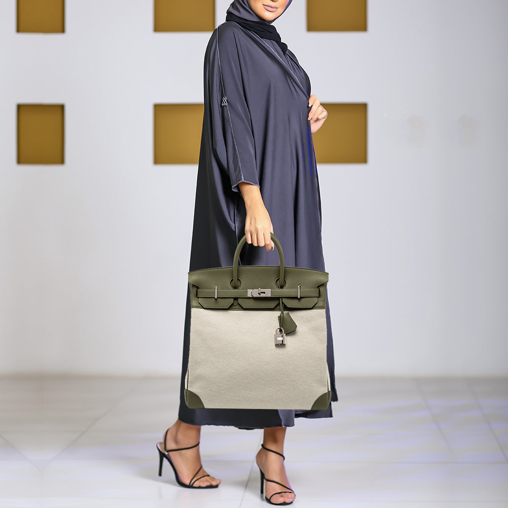 Top quality Hermes Vert Veronese/Beige Canvas and Leather Palladium Finish HAC Birkin 40 Bag