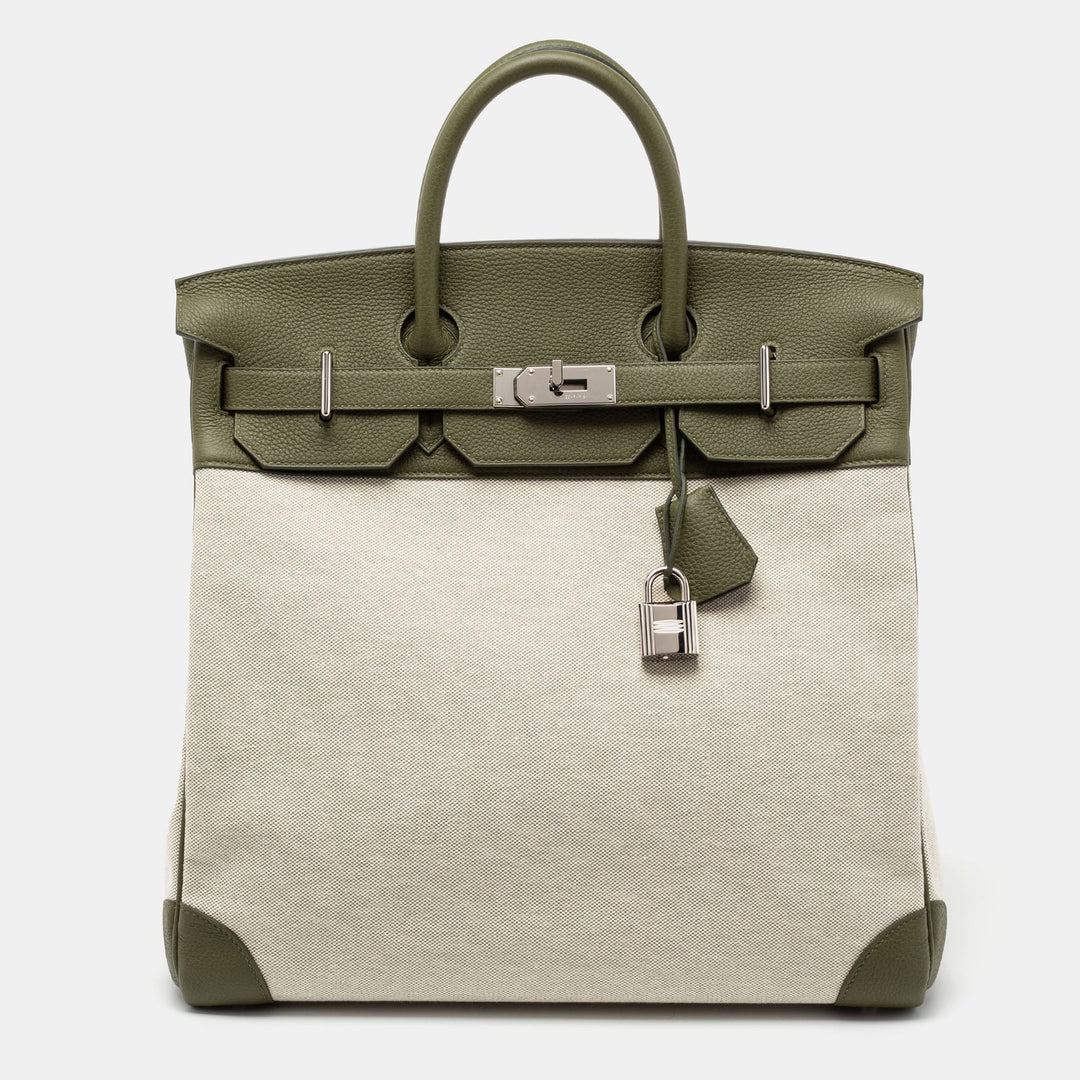 Top quality Hermes Vert Veronese/Beige Canvas and Leather Palladium Finish HAC Birkin 40 Bag