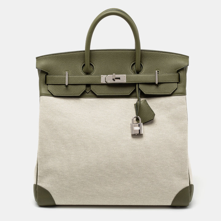 Top quality Hermes Vert Veronese/Beige Canvas and Leather Palladium Finish HAC Birkin 40 Bag