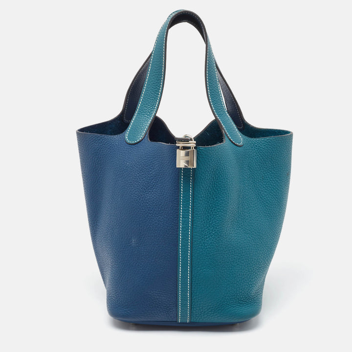 Premium Handmade Hermes Deep Bleu/Vert Bosphore Taurillon Clemence Leather Picotin Lock 22 Bag