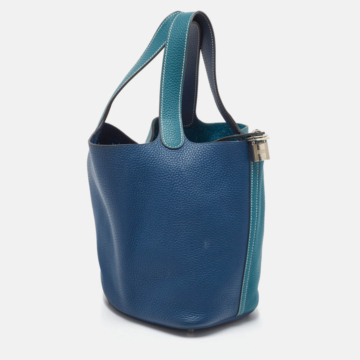 Premium Handmade Hermes Deep Bleu/Vert Bosphore Taurillon Clemence Leather Picotin Lock 22 Bag