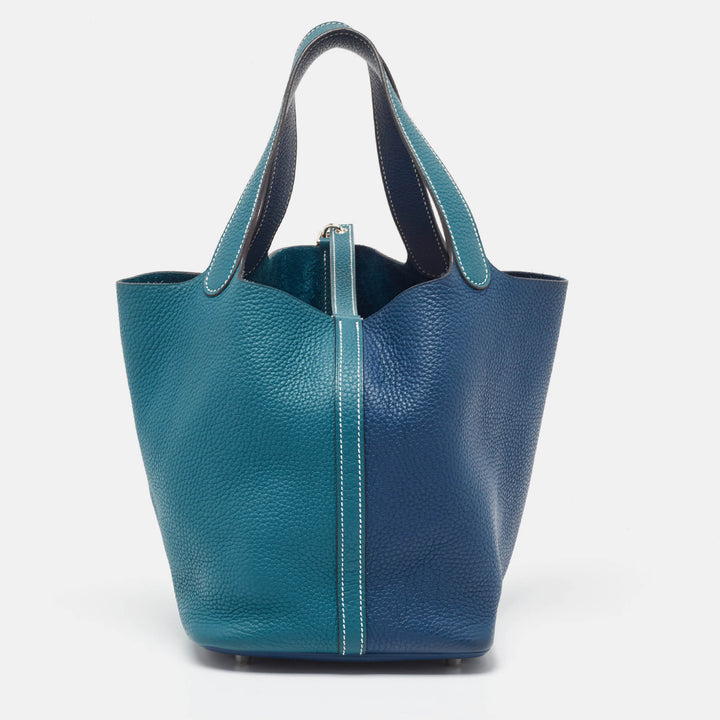 Premium Handmade Hermes Deep Bleu/Vert Bosphore Taurillon Clemence Leather Picotin Lock 22 Bag