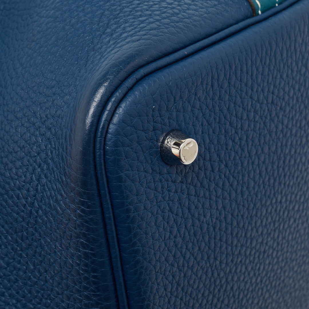 Premium Handmade Hermes Deep Bleu/Vert Bosphore Taurillon Clemence Leather Picotin Lock 22 Bag