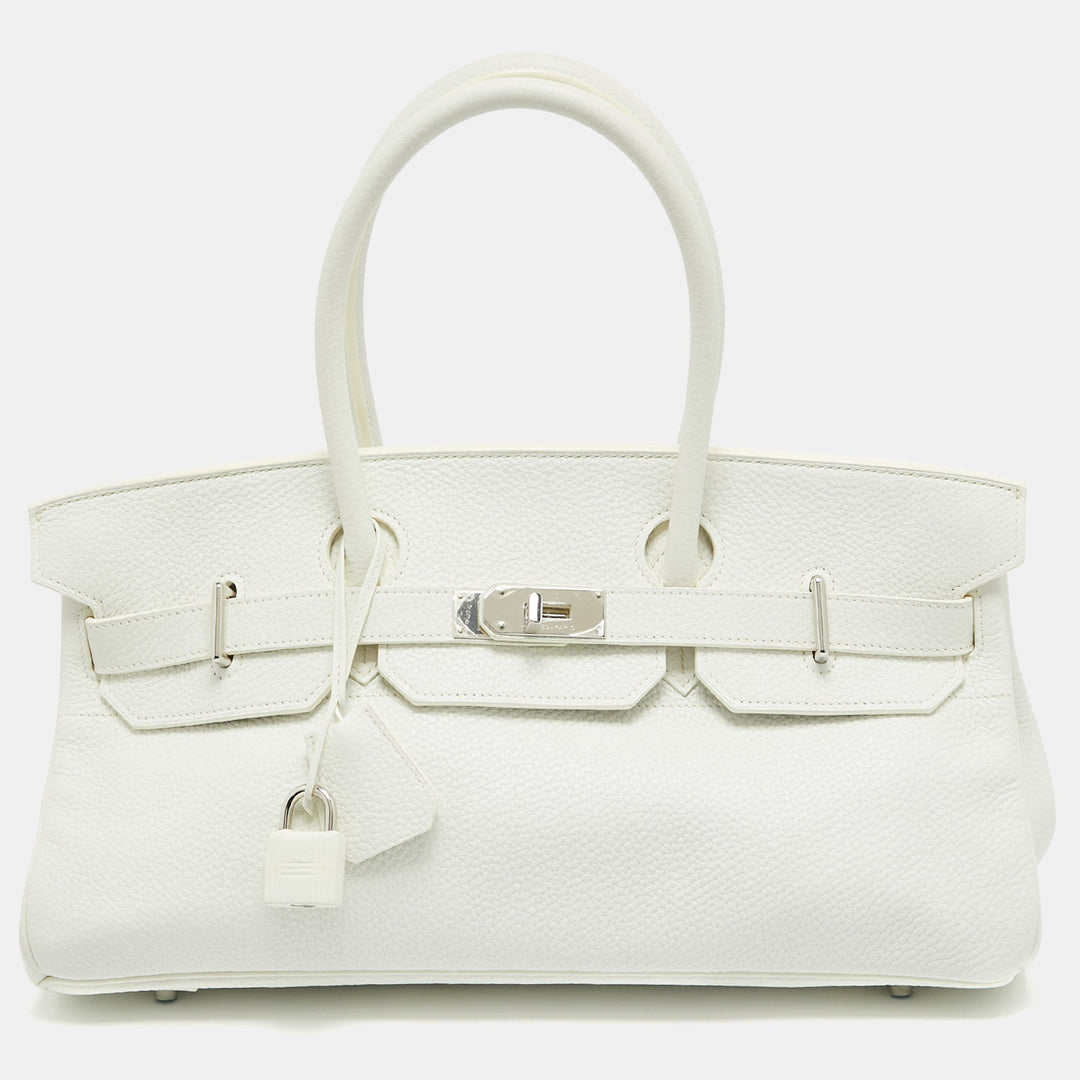 Premium Handmade Hermes  Blanc Taurillion Clemence Leather Palladium Finished Shoulder Birkin JPG 42 Bag