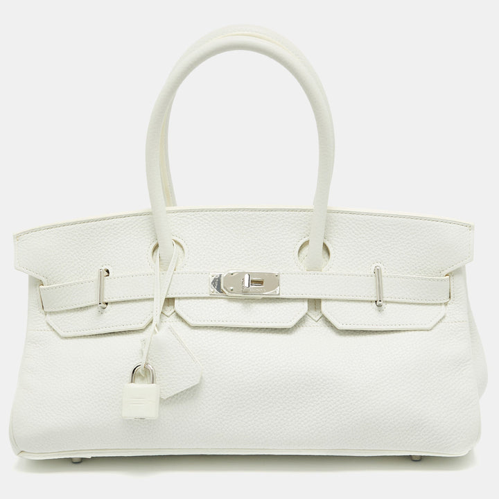 Premium Handmade Hermes  Blanc Taurillion Clemence Leather Palladium Finished Shoulder Birkin JPG 42 Bag