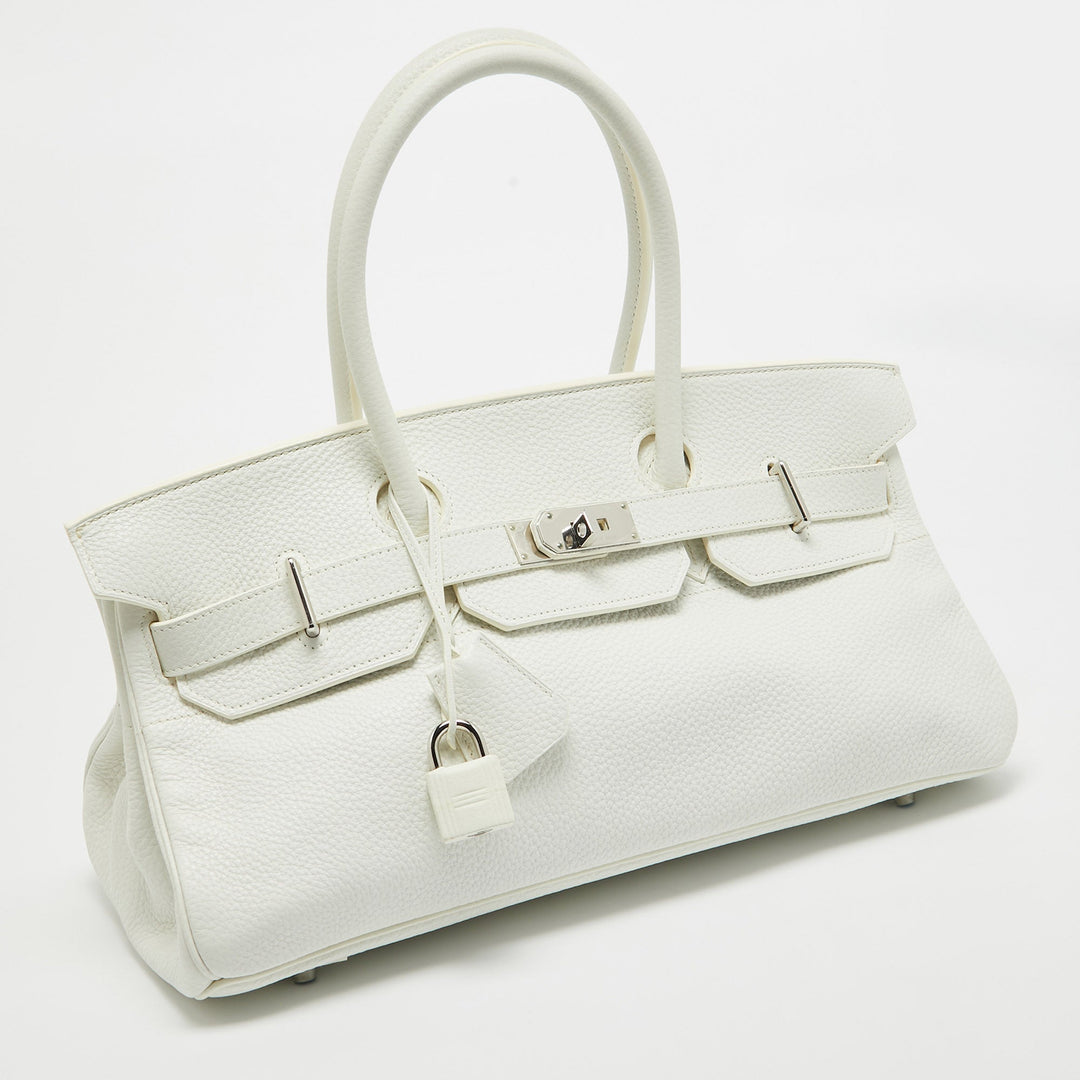 Premium Handmade Hermes  Blanc Taurillion Clemence Leather Palladium Finished Shoulder Birkin JPG 42 Bag
