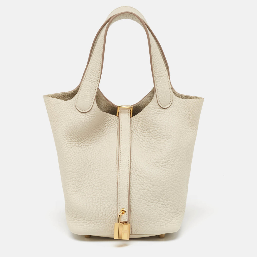 Premium Handmade Hermes Gris Neve Taurillon Clemence Leather Picotin Lock 18 Bag