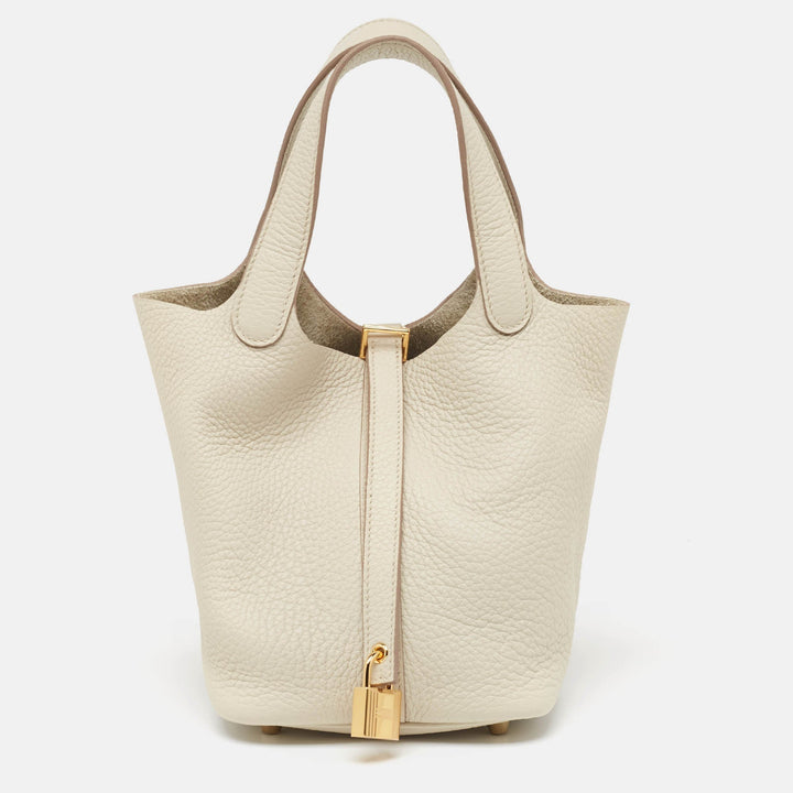 Premium Handmade Hermes Gris Neve Taurillon Clemence Leather Picotin Lock 18 Bag