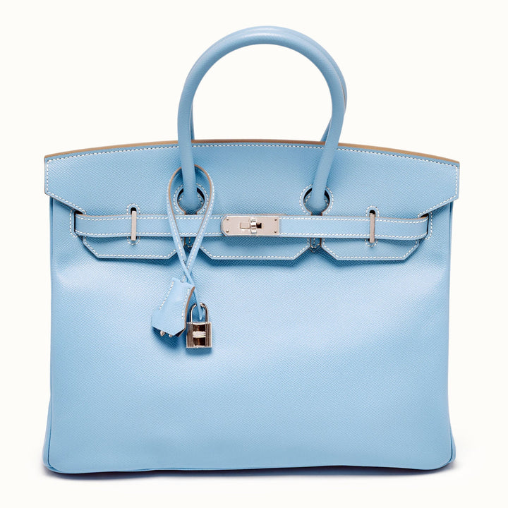 Premium Handmade Hermes Bleu Celeste/Mykonos Epsom Leather Palladium Finish Candy Birkin 35 Bag