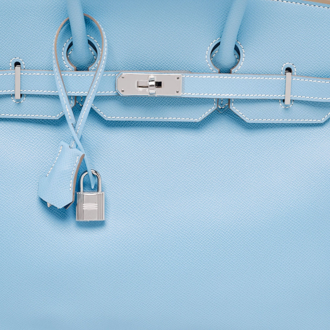 Premium Handmade Hermes Bleu Celeste/Mykonos Epsom Leather Palladium Finish Candy Birkin 35 Bag