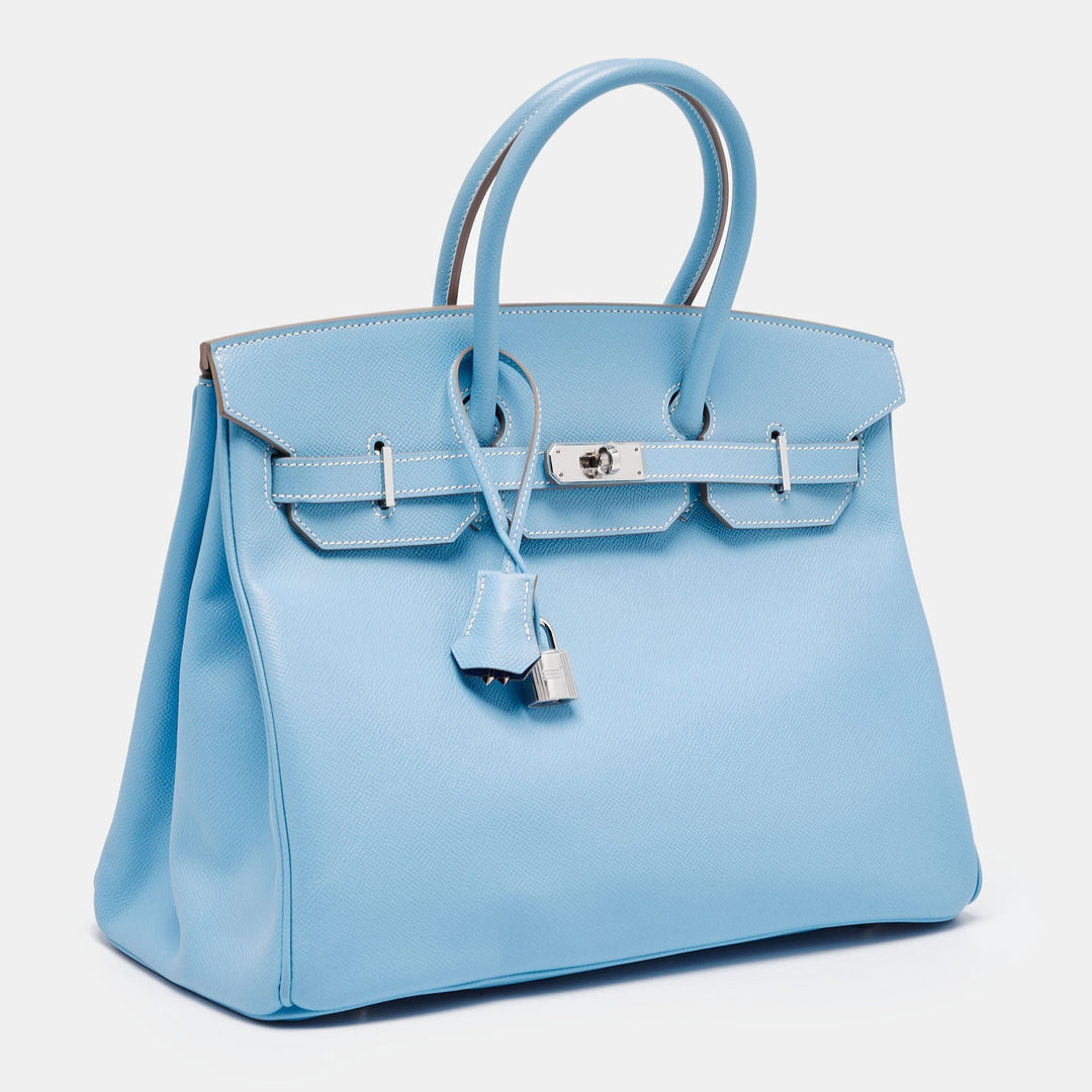 Premium Handmade Hermes Bleu Celeste/Mykonos Epsom Leather Palladium Finish Candy Birkin 35 Bag