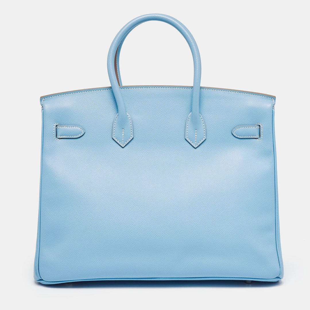 Premium Handmade Hermes Bleu Celeste/Mykonos Epsom Leather Palladium Finish Candy Birkin 35 Bag