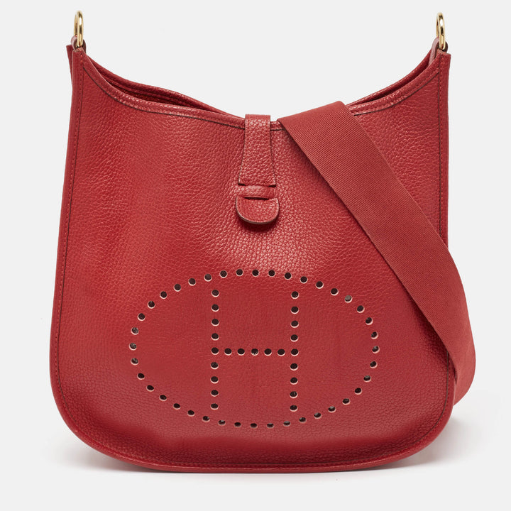 Premium Handmade Hermes Rouge Vif Taurillon Clemence Leather Evelyne I GM Bag