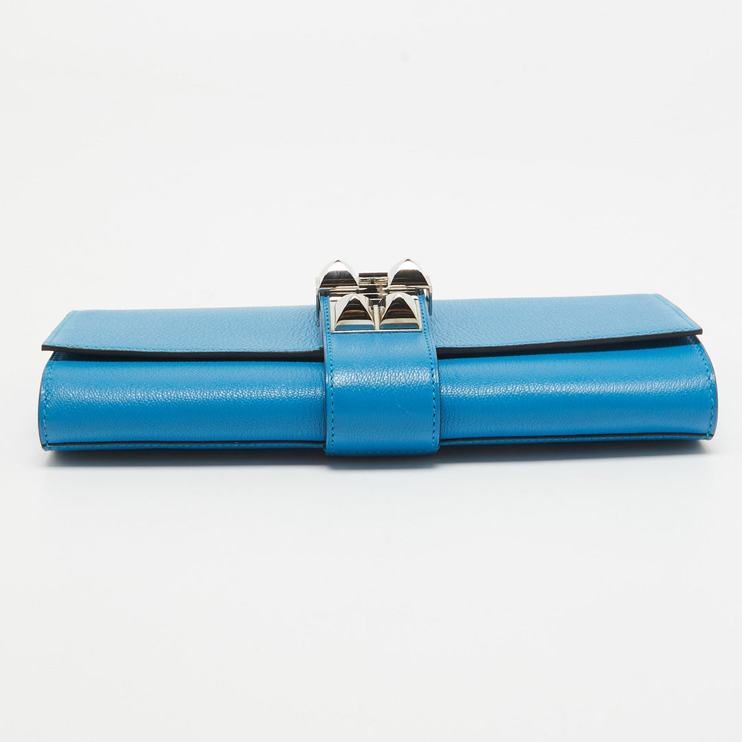 Premium Handmade Hermes Bleu Zanzibar Chevre Mysore Leather Medor 23 Clutch