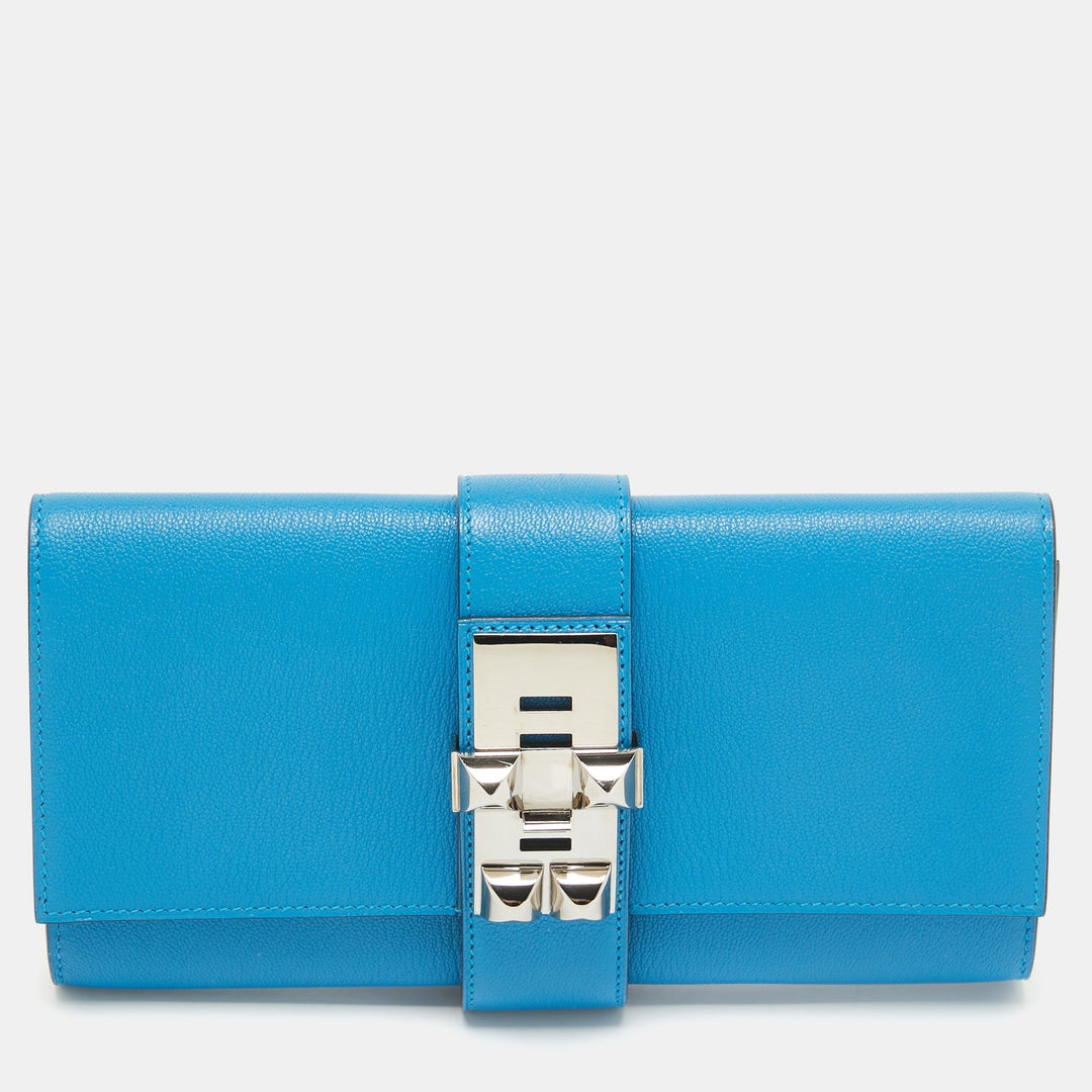 Premium Handmade Hermes Bleu Zanzibar Chevre Mysore Leather Medor 23 Clutch