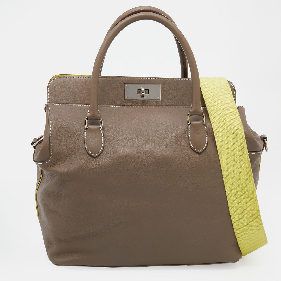 Hermes Etoupe/Lime Swift Leather Palladium Plated Toolbox 33 Bag