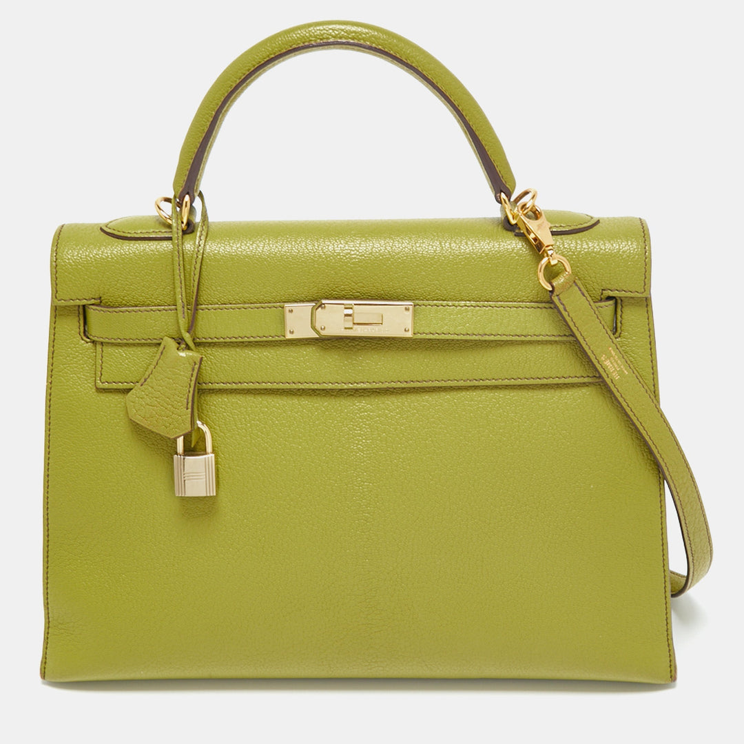 Hermes Vert Anis Chevre De Coromandel Leather Gold Plated Kelly Sellier 32 Bag