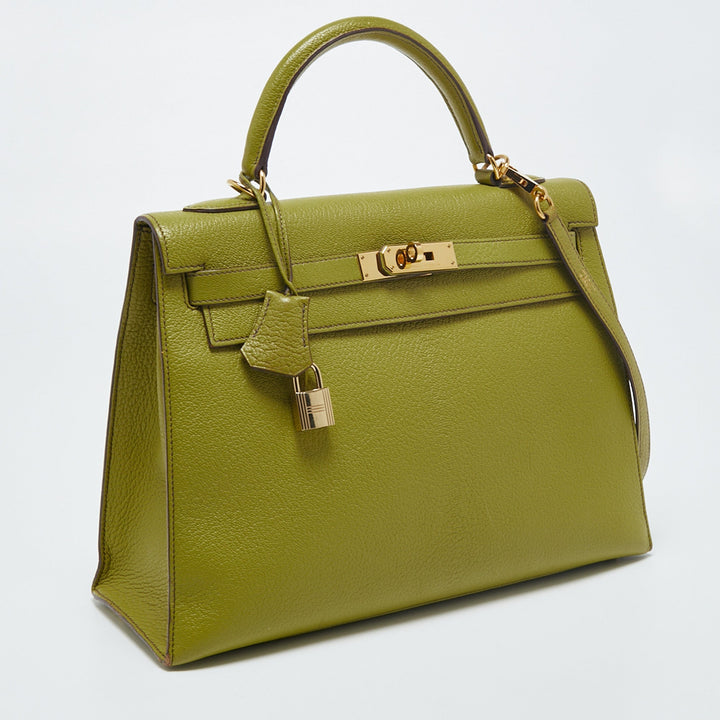 Top quality Hermes Vert Anis Chevre De Coromandel Leather Gold Plated Kelly Sellier 32 Bag