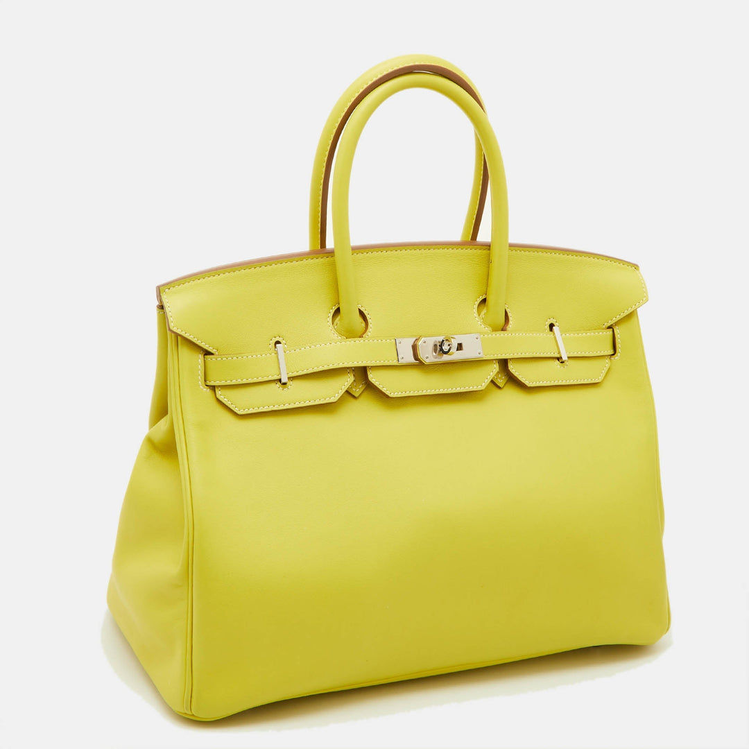 Premium Handmade Hermes Lime Swift Leather Palladium Finish Birkin 35 Bag