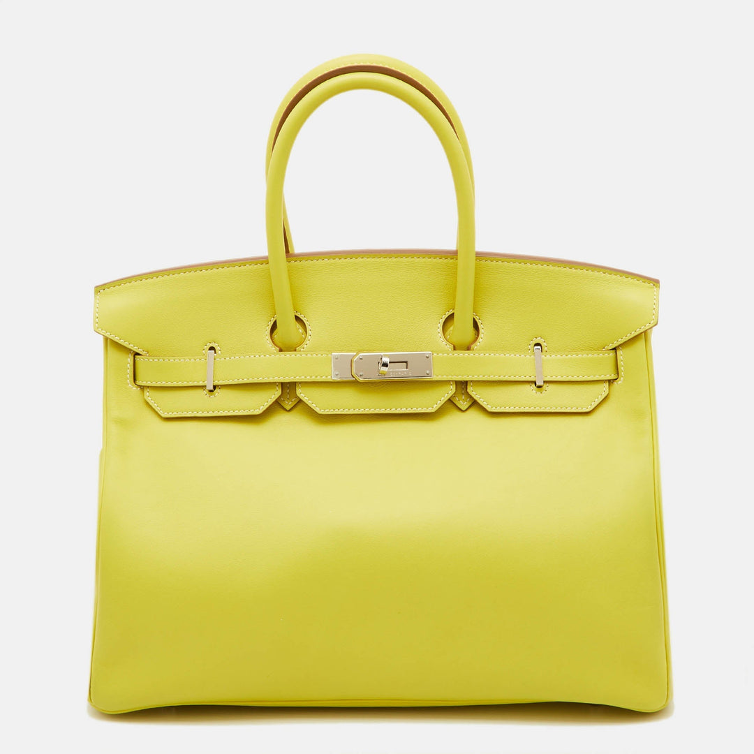 Premium Handmade Hermes Lime Swift Leather Palladium Finish Birkin 35 Bag