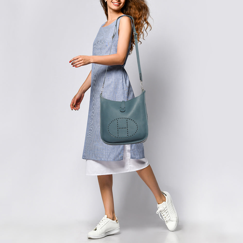 Top quality Hermes Bleu Orage Taurillon Clemence Leather Evelyne III GM Bag