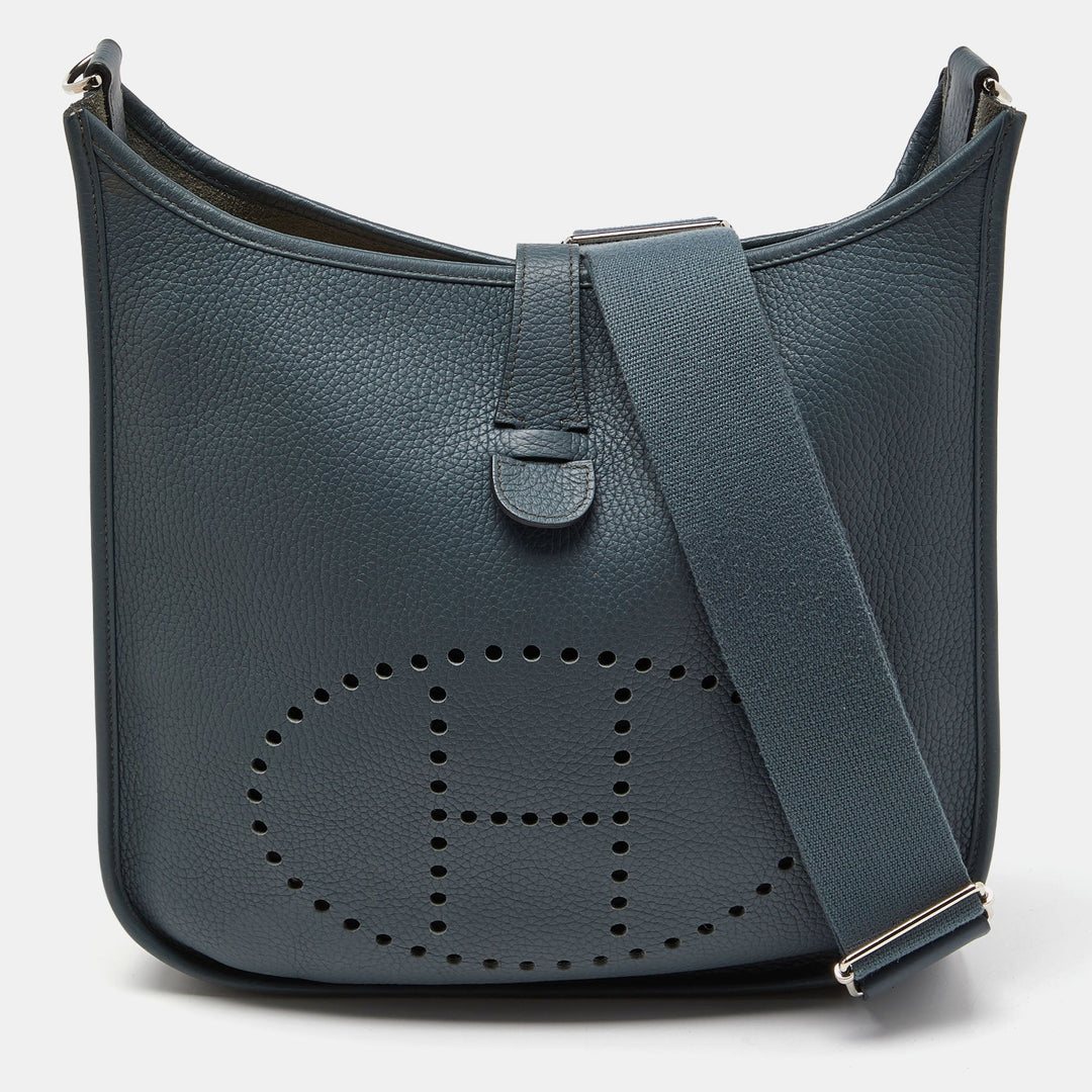 Hermes Bleu Orage Taurillon Clemence Leather Evelyne III GM Bag