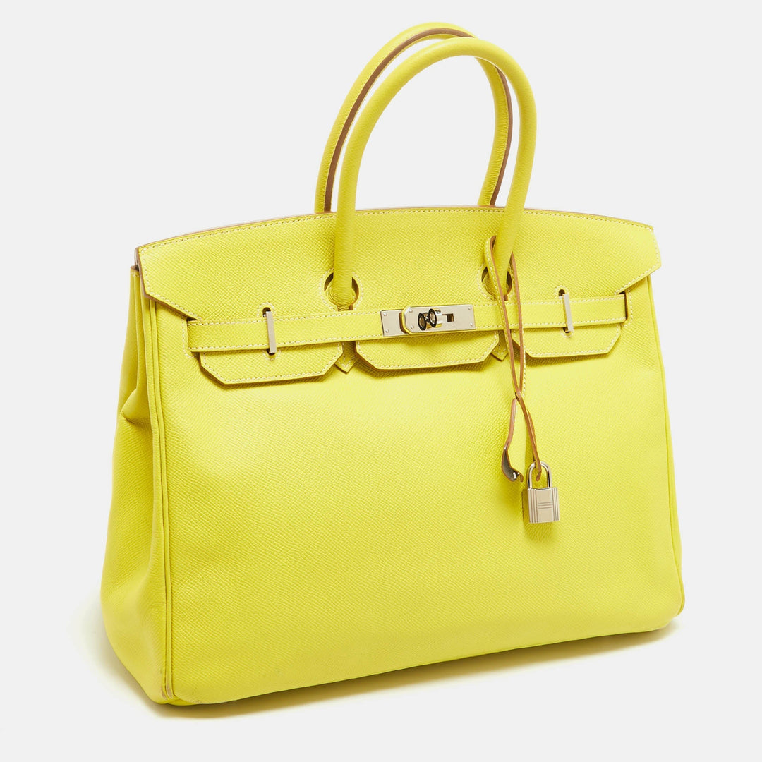 Premium Handmade Hermes Soufre/Gris Perle Epsom Leather Palladium Finish Birkin 35 Bag