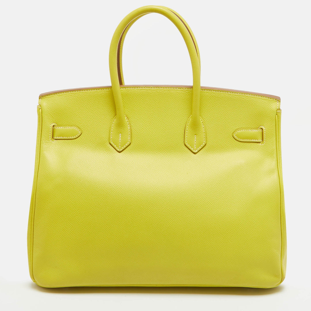 Premium Handmade Hermes Soufre/Gris Perle Epsom Leather Palladium Finish Birkin 35 Bag