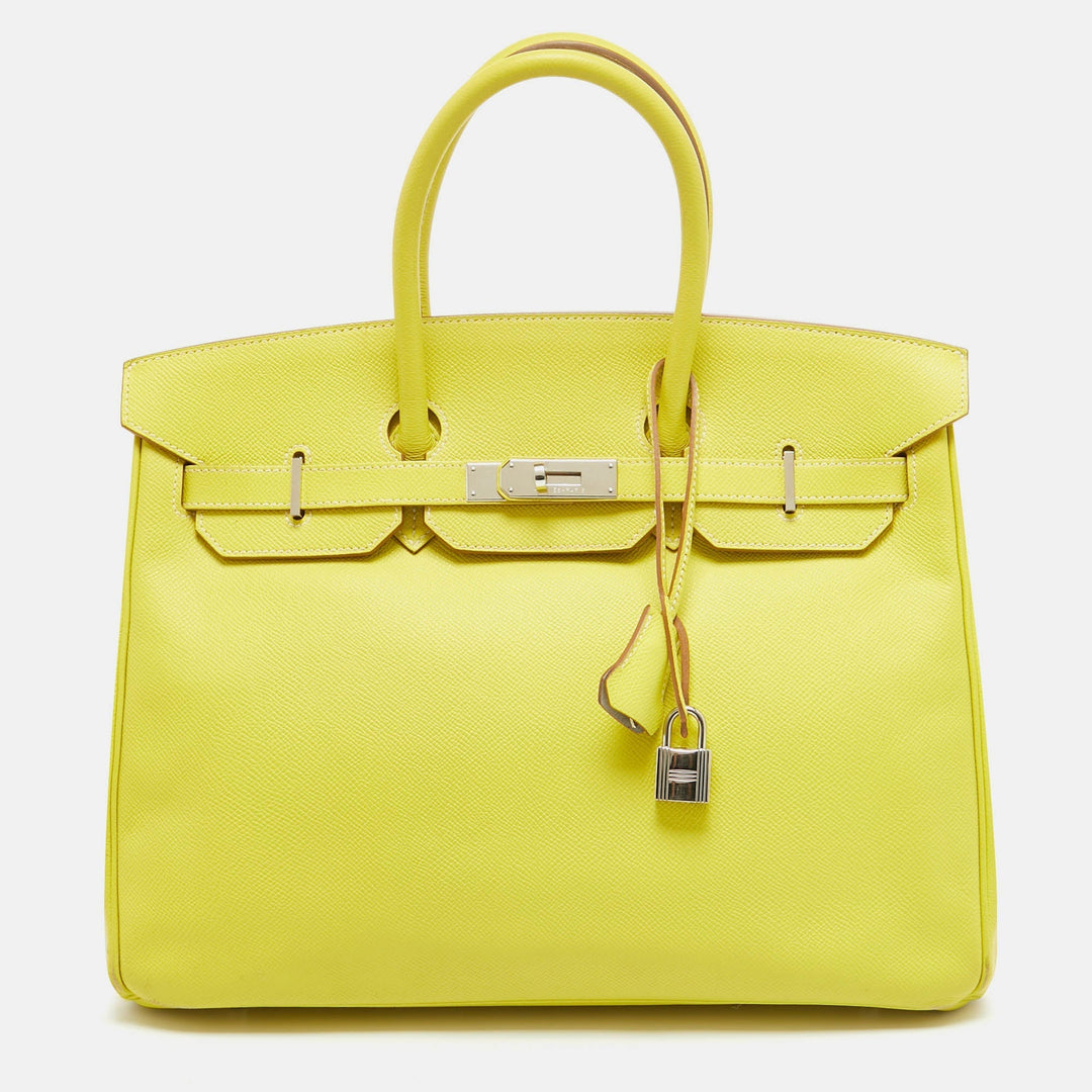 Premium Handmade Hermes Soufre/Gris Perle Epsom Leather Palladium Finish Birkin 35 Bag
