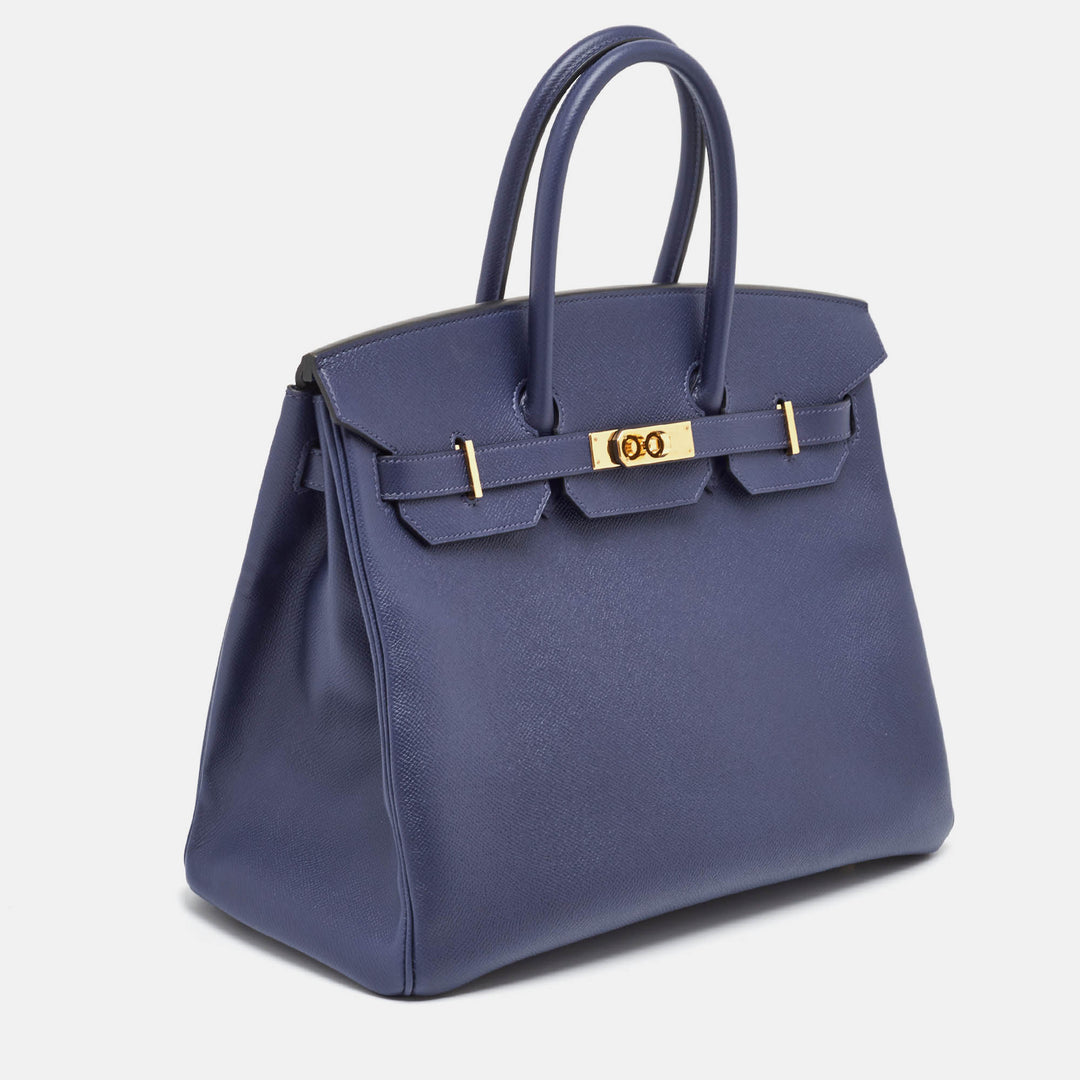 Premium Handmade Hermes Blue Saphir Epsom Leather Gold Finish Birkin 35 Bag