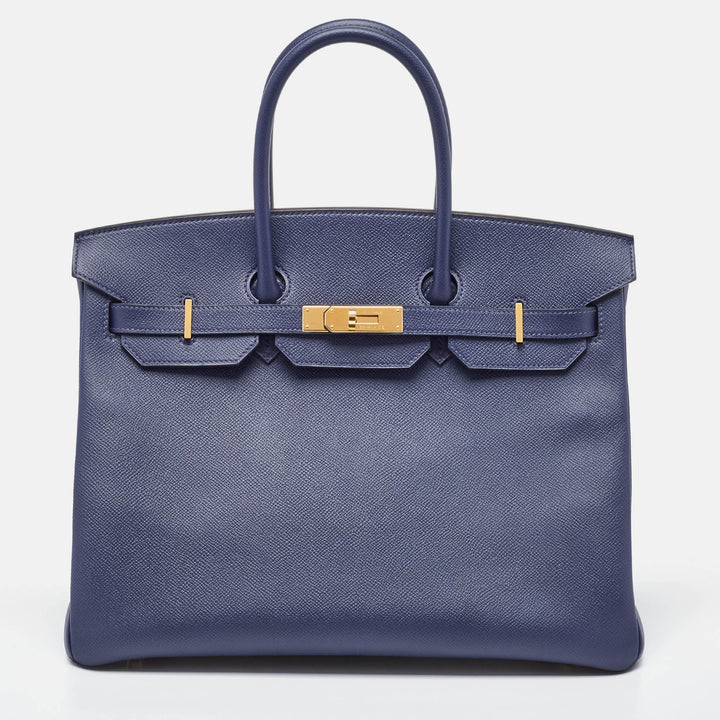 Premium Handmade Hermes Blue Saphir Epsom Leather Gold Finish Birkin 35 Bag