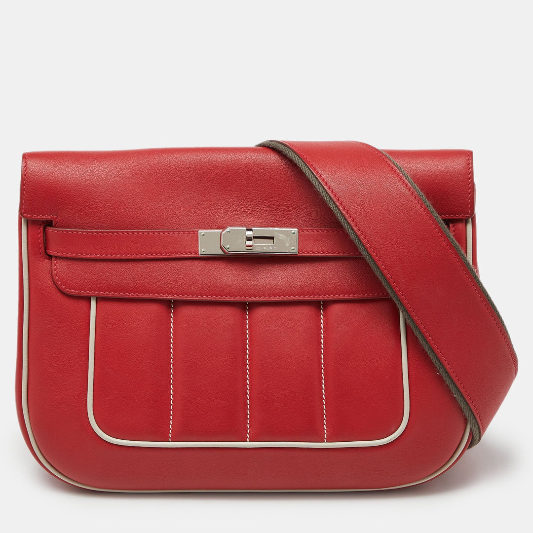 HERMES Vermilon/Gris Swift and Evercolor Leather Palladium Finish Berline 28 Bag