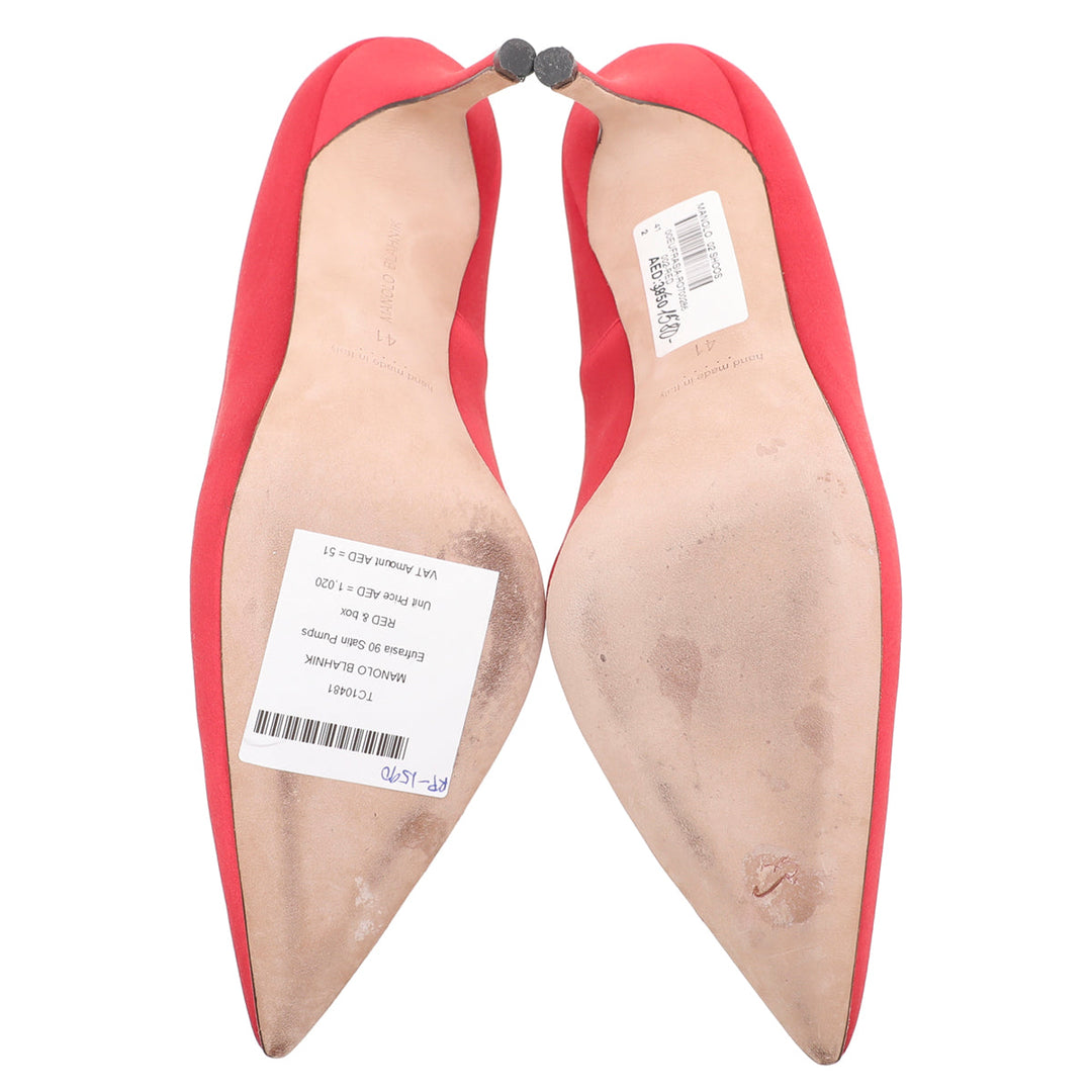 Manolo Blahnik Red Satin Eufrasia 90 Pumps 41