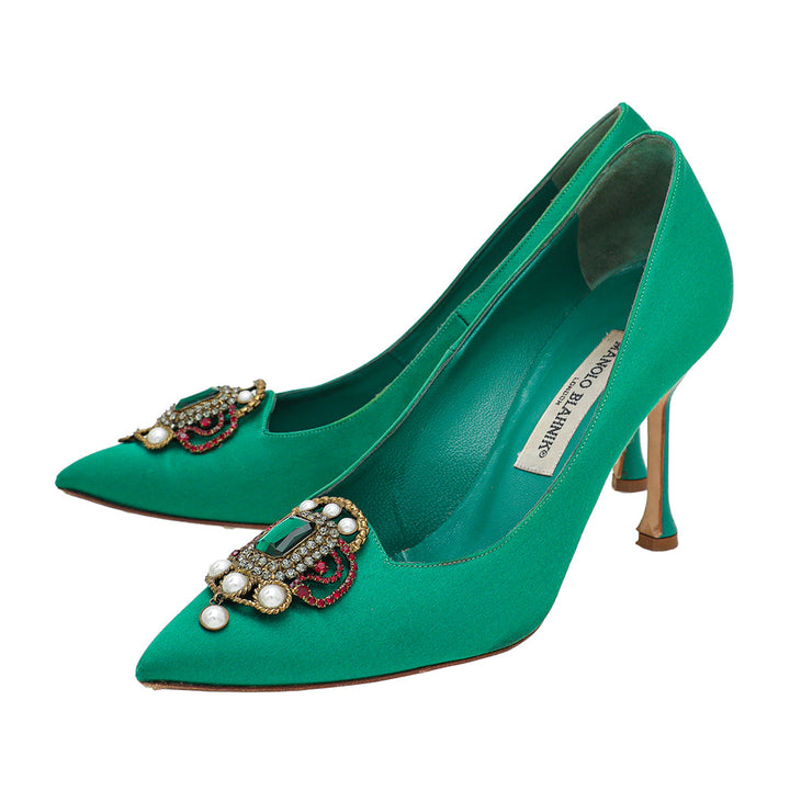 Manolo Blahnik Green Satin Eufrasia Pump 38